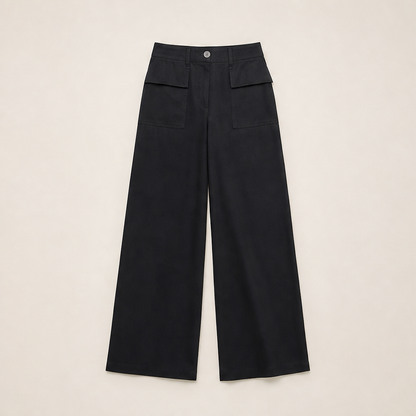 Marlow Pantaloni Donna a Gamba Larga in Cotone e Lino - Pantaloni Casual Fluidi a Vita Alta Nero