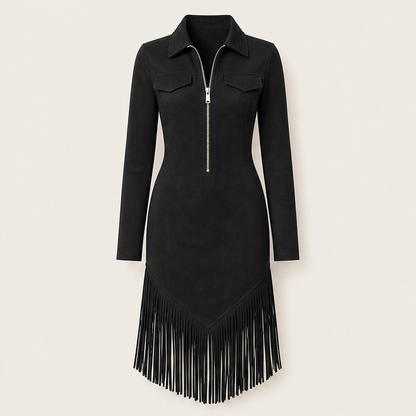 Voranza – Abito Midi Western con Frange e Zip Black
