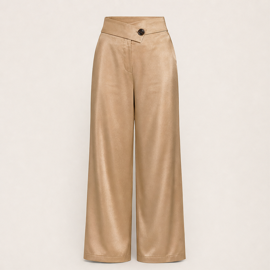 Velonia – Pantaloni in Raso Vita Asimmetrica Gamba Larga Beige