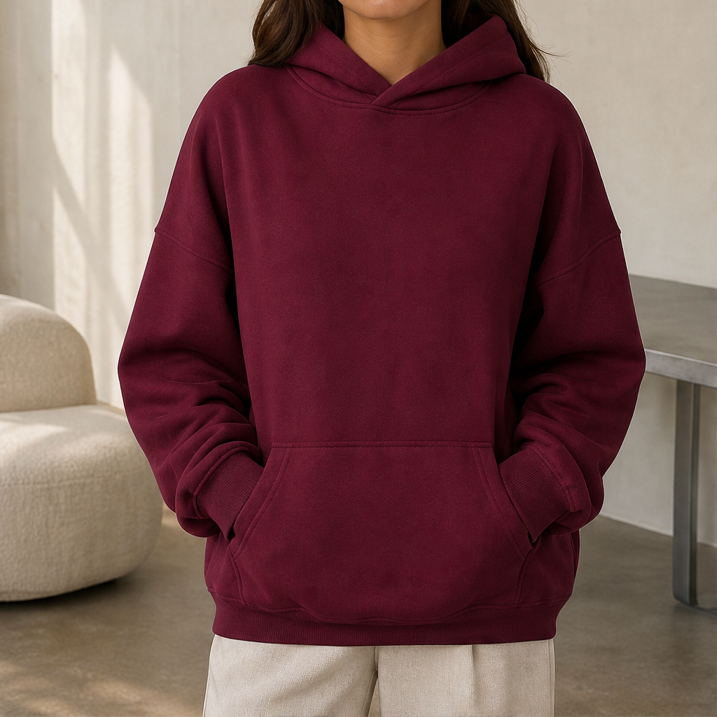 Vorelio – Felpa Oversize con Cappuccio Burgundy Red