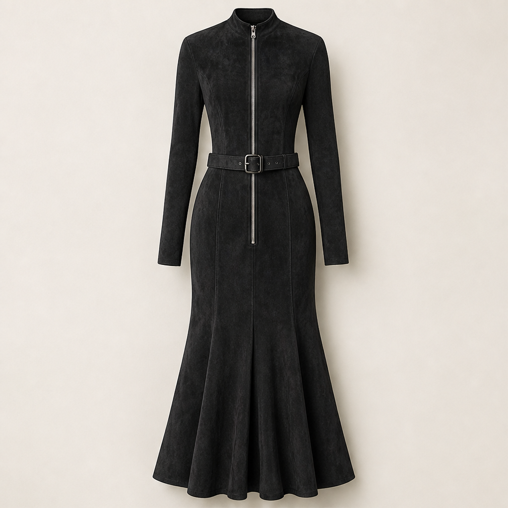 Velmora – Abito Lungo in Suede con Zip a Sirena Black