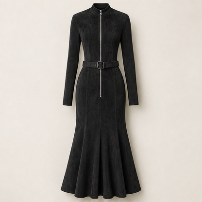Velmora – Abito Lungo in Suede con Zip a Sirena Black