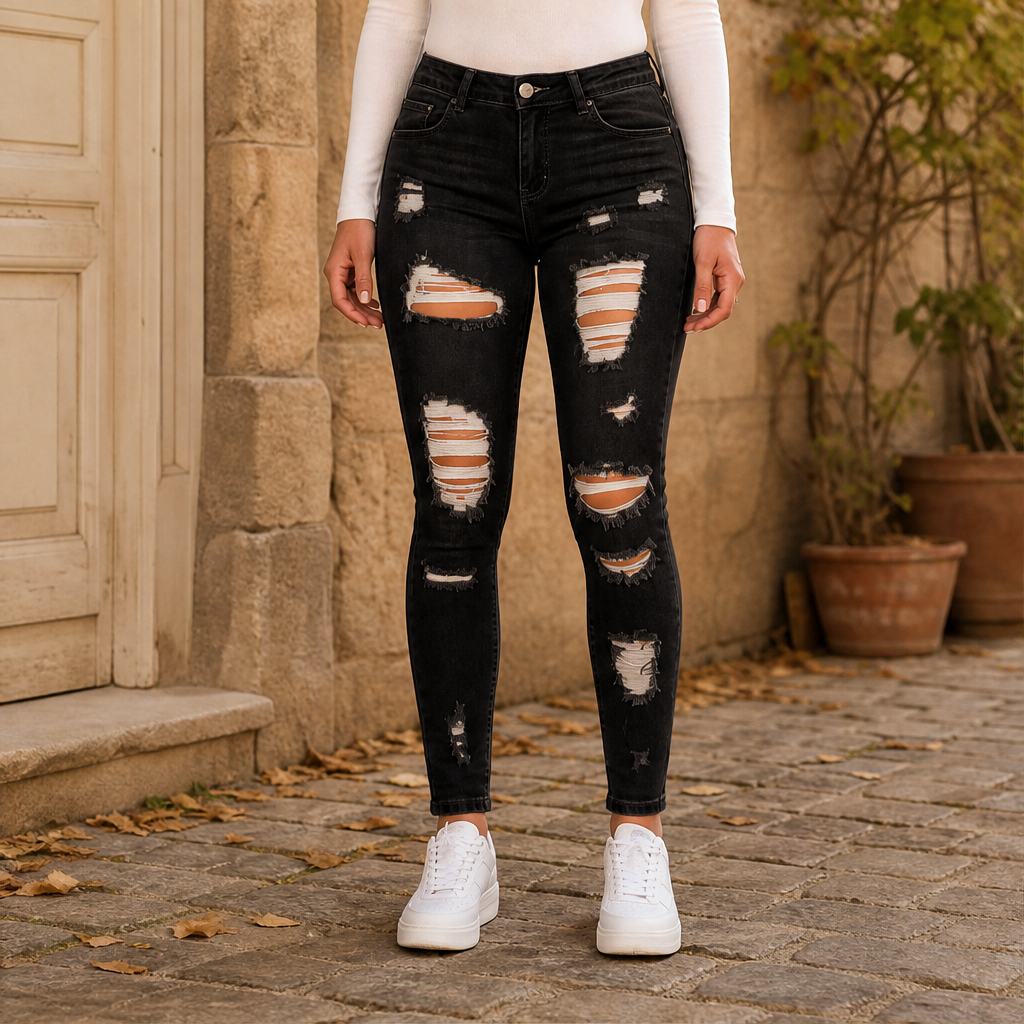 Varonetti – Jeans Skinny Vita Alta Effetto Strappato Black