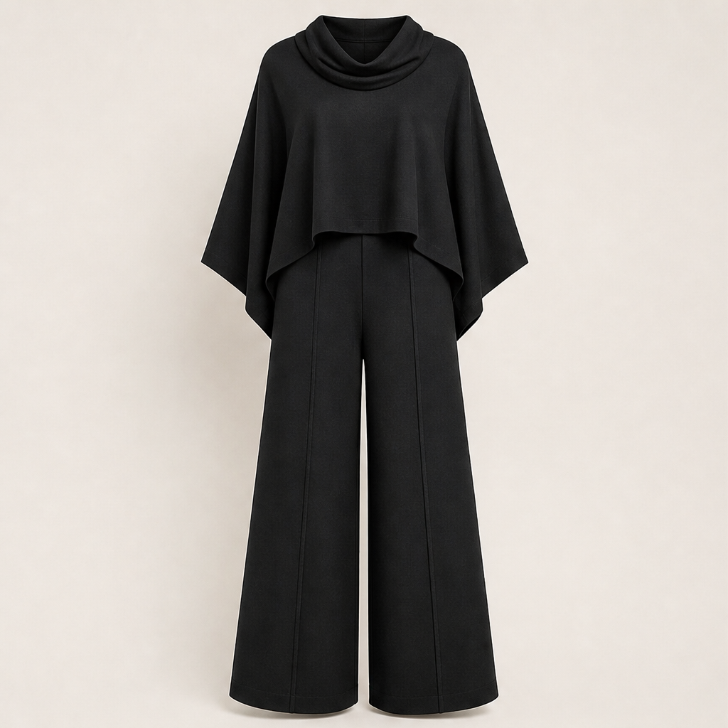Velarosa – Completo Mantella Collo Alto e Pantaloni Palazzo Black