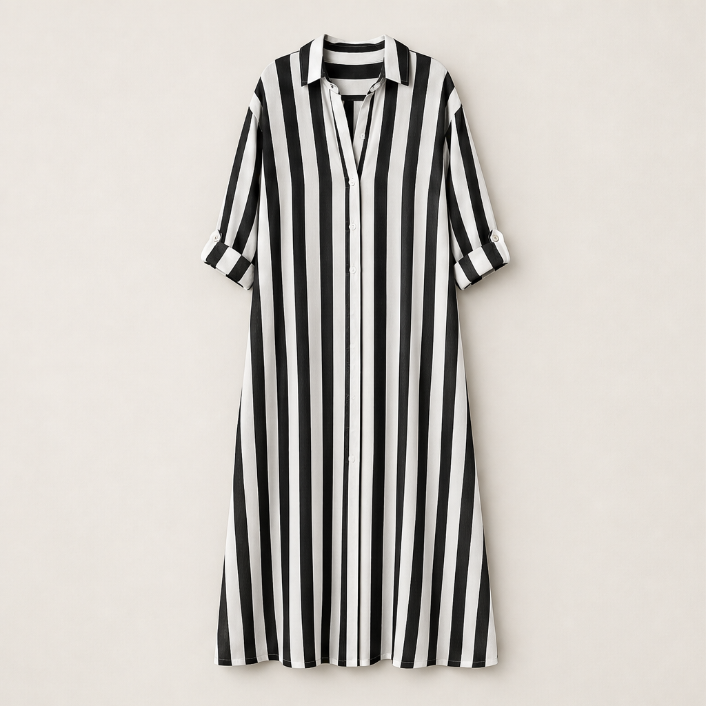 Marielle – Abito Maxi a Righe Collo Camicia Black