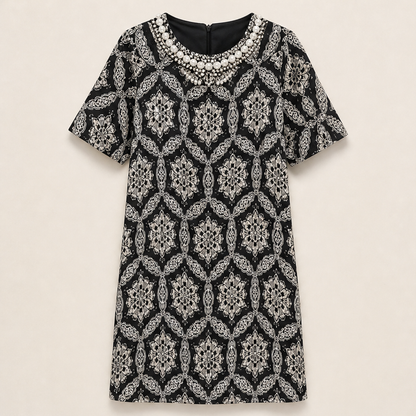 Varelume – Abito Shift Stampa Vintage Perline Black
