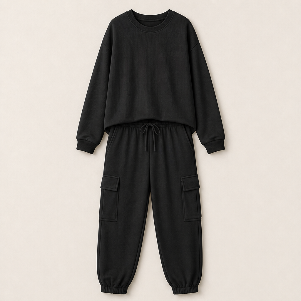 Norellia – Girocollo e Pantaloni Cargo, Completo Casual Black