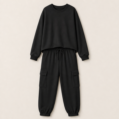 Norellia – Girocollo e Pantaloni Cargo, Completo Casual Black