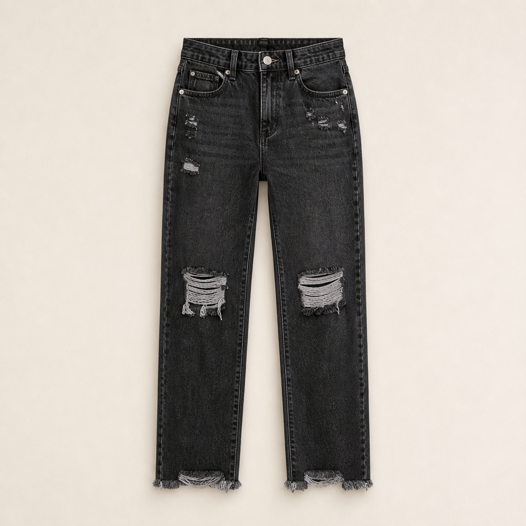 Vellara – Jeans Dritti Vita Alta Strappati Black