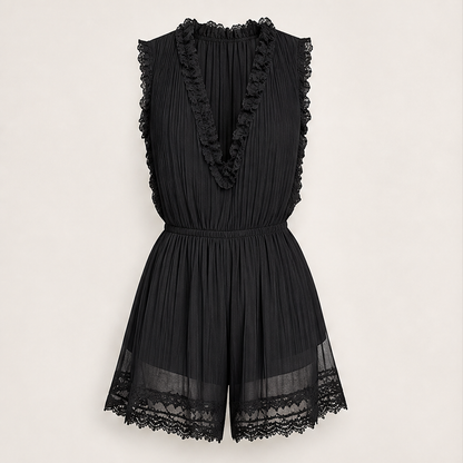Voleane – Tuta Corta in Chiffon Plissettato con Pizzo Black