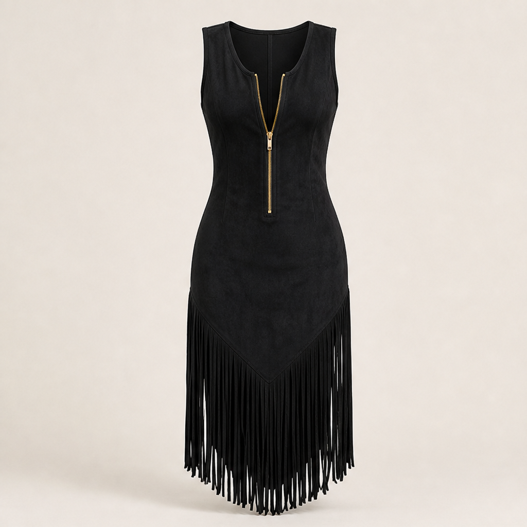 Abito Western Nero con Frange | Abito Midi Aderente Senza Maniche in Stile Retrò con Cerniera Frontale e Orlo con Frange