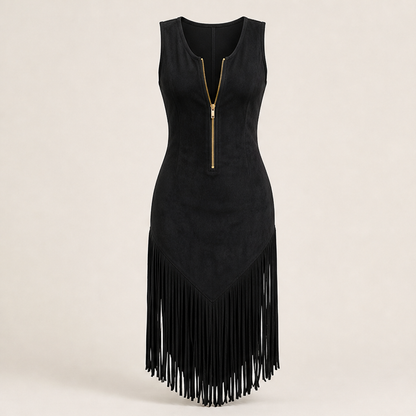 Abito Western Nero con Frange | Abito Midi Aderente Senza Maniche in Stile Retrò con Cerniera Frontale e Orlo con Frange