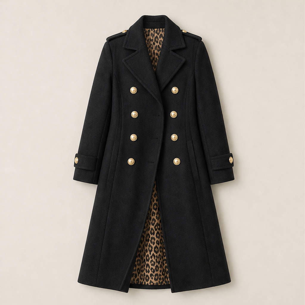 Voralie – Cappotto Lungo in Lana Stile Militare Black