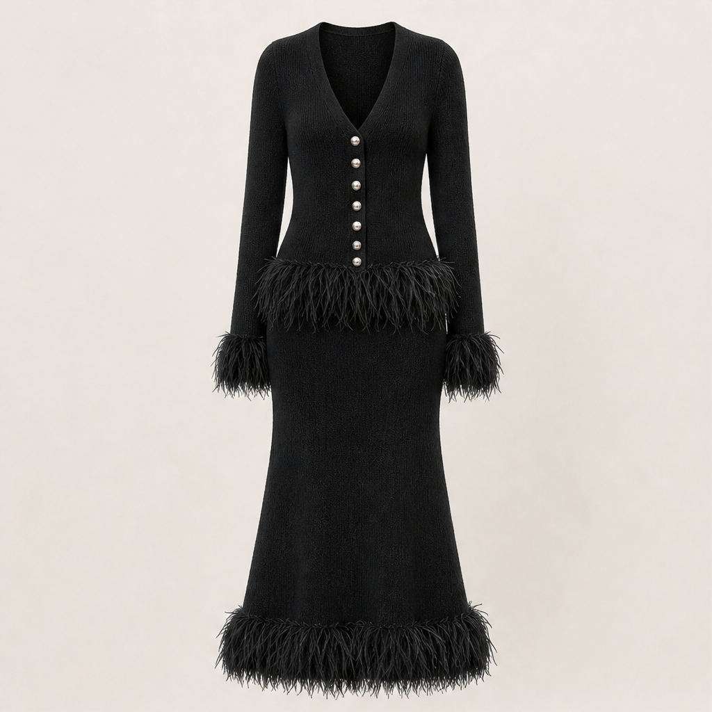 Piumetta – Completo Gonna in Maglia con Frange di Piume Black