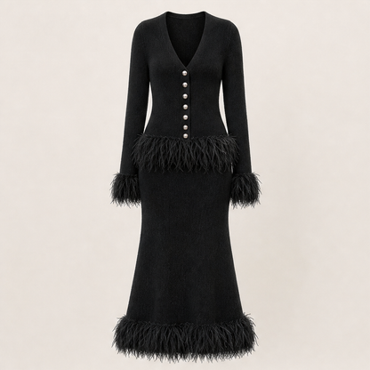 Piumetta – Completo Gonna in Maglia con Frange di Piume Black