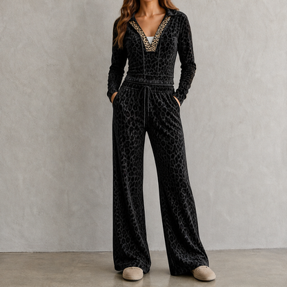 Velmara – Completo Animalier Top Velluto e Pantaloni Flare Black