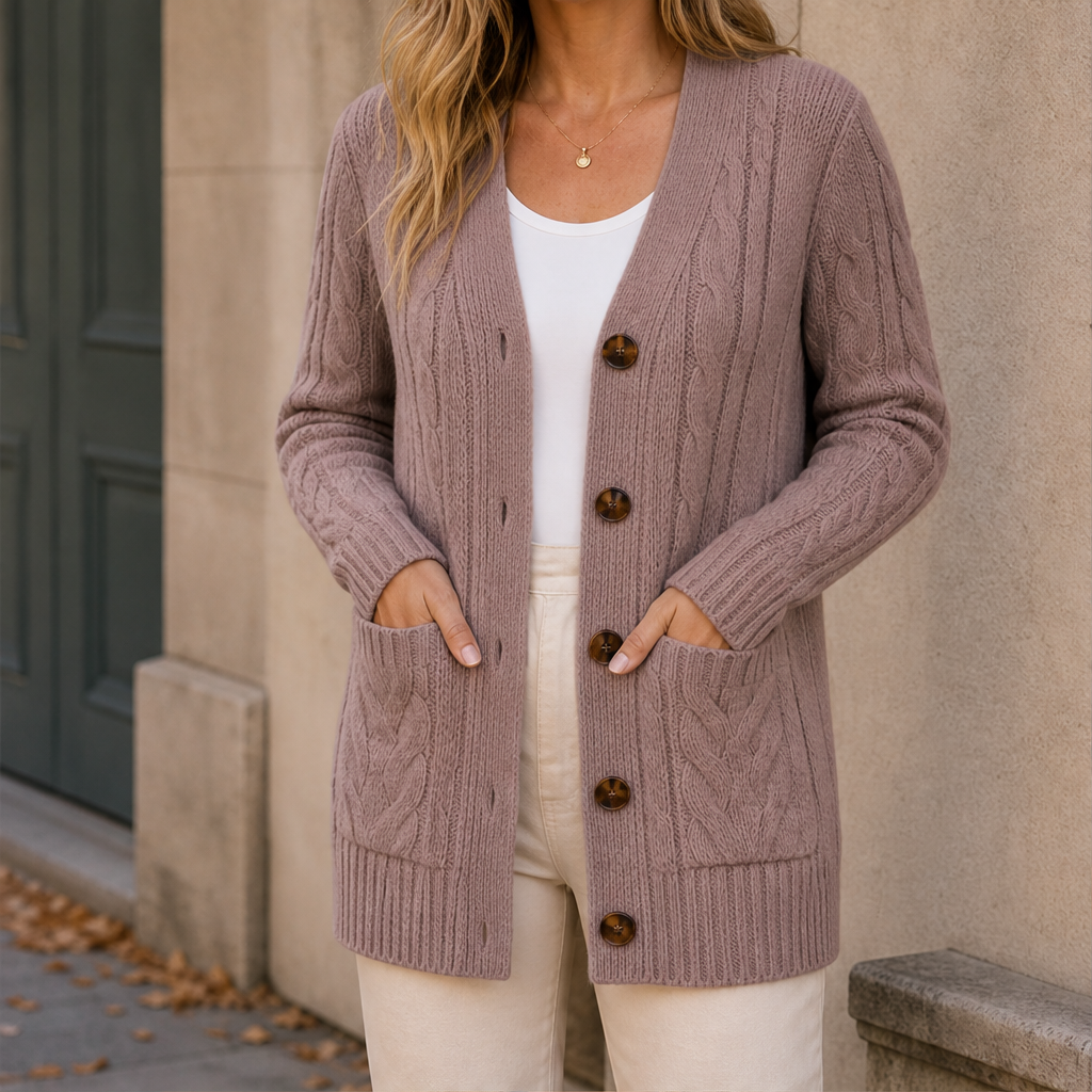 Varonia – Cardigan Midi in Maglia Trecciata Mauve