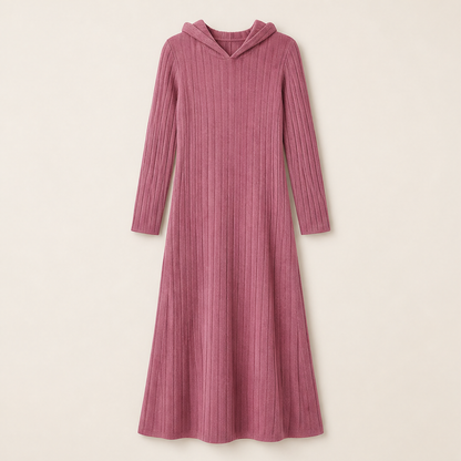 Velmora – Abito Maxi in Maglia a Coste con Cappuccio Pink