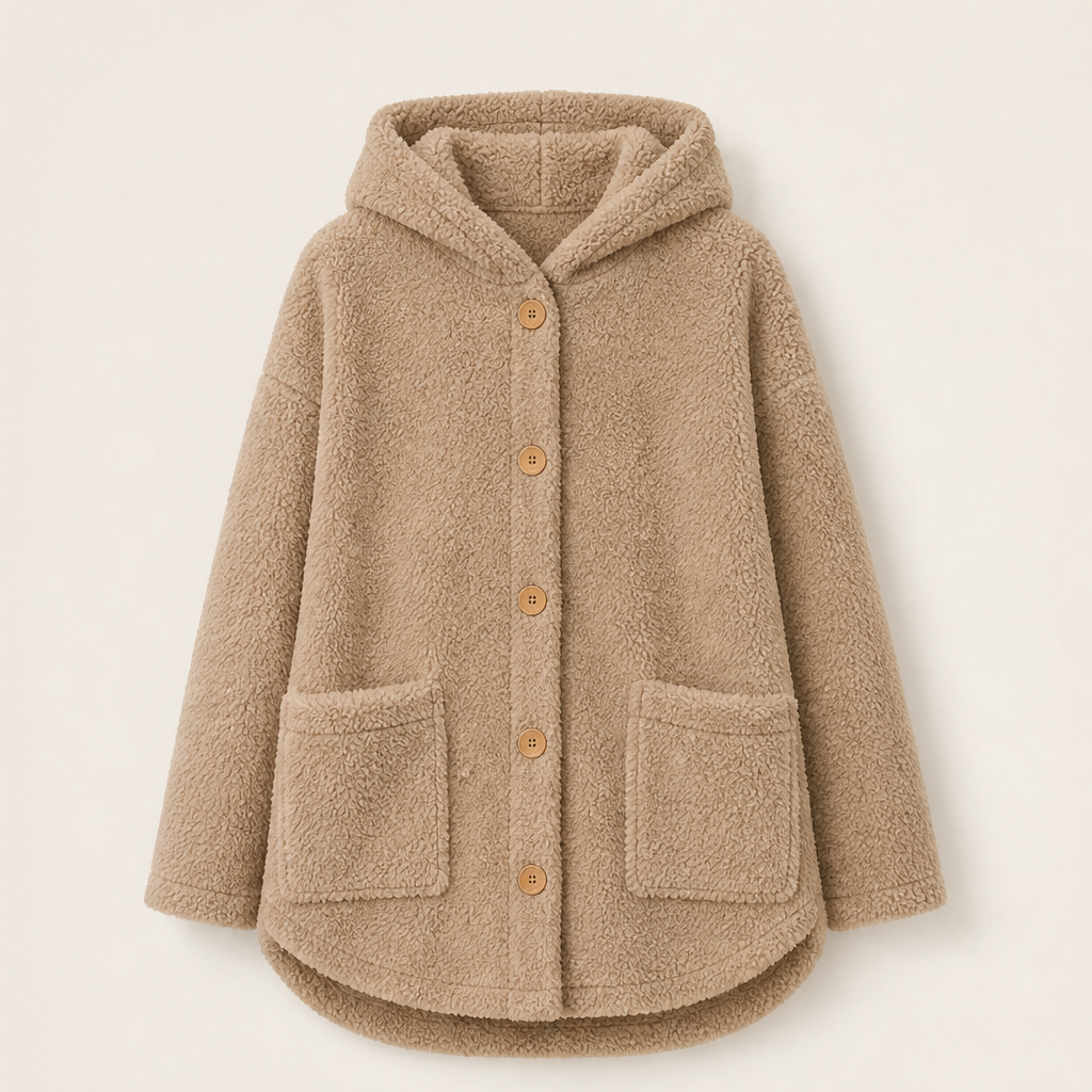 Orsetta – Giacca Lunga in Pile Teddy con Cappuccio Beige