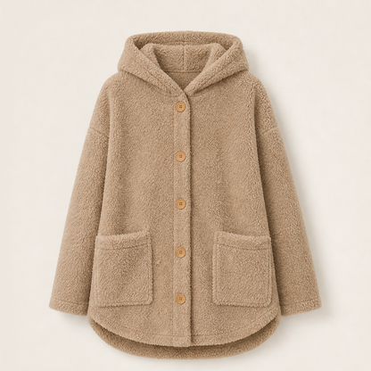 Orsetta – Giacca Lunga in Pile Teddy con Cappuccio Beige