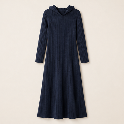Velmora – Abito Maxi in Maglia a Coste con Cappuccio Navy