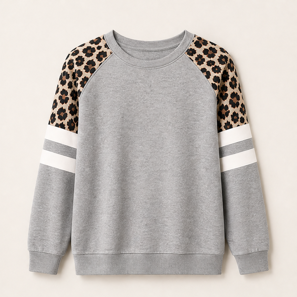 Velmara – Felpa Color Block con Maniche Leopardate Grey