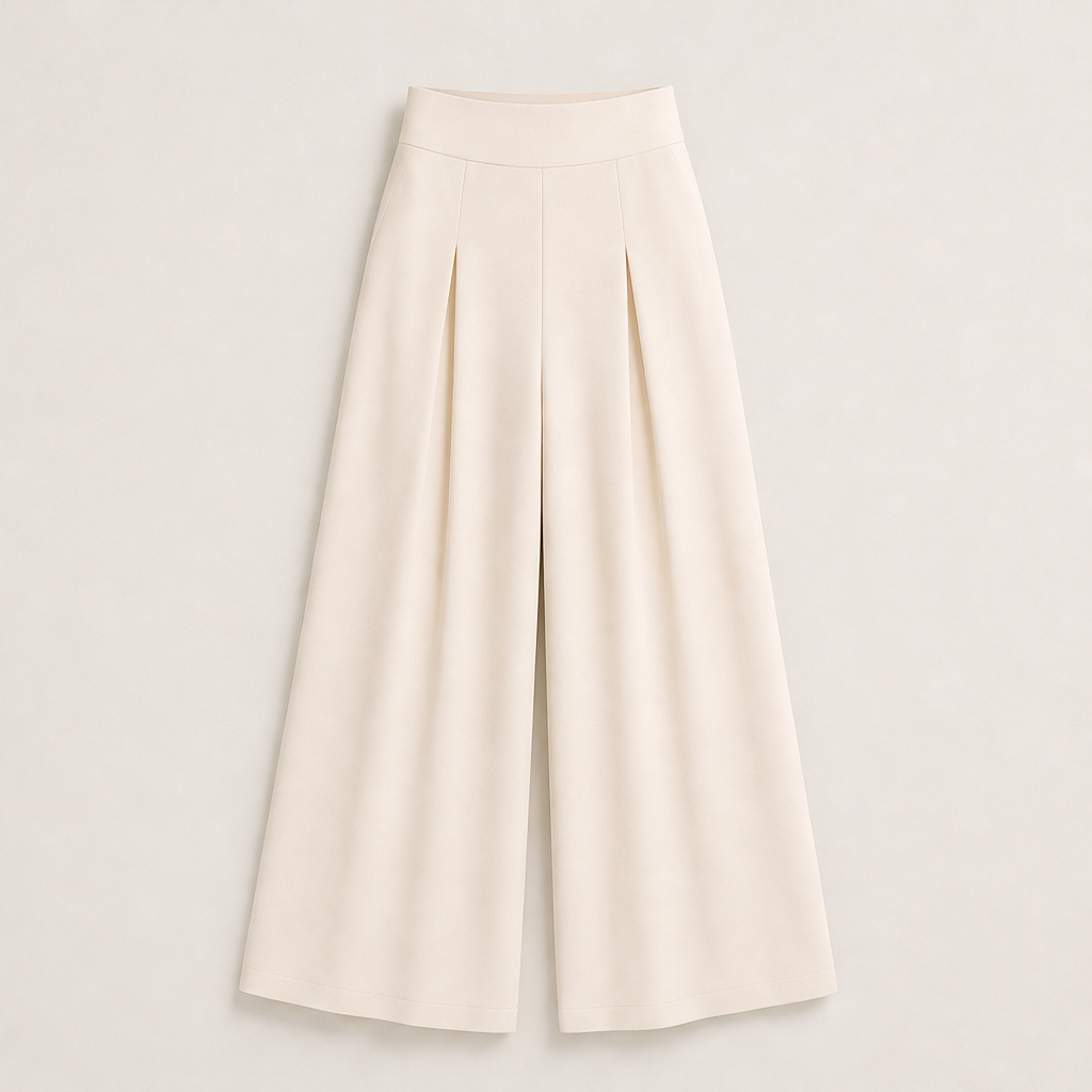 Velorene – Pantaloni Palazzo a Vita Alta Plissettati Beige