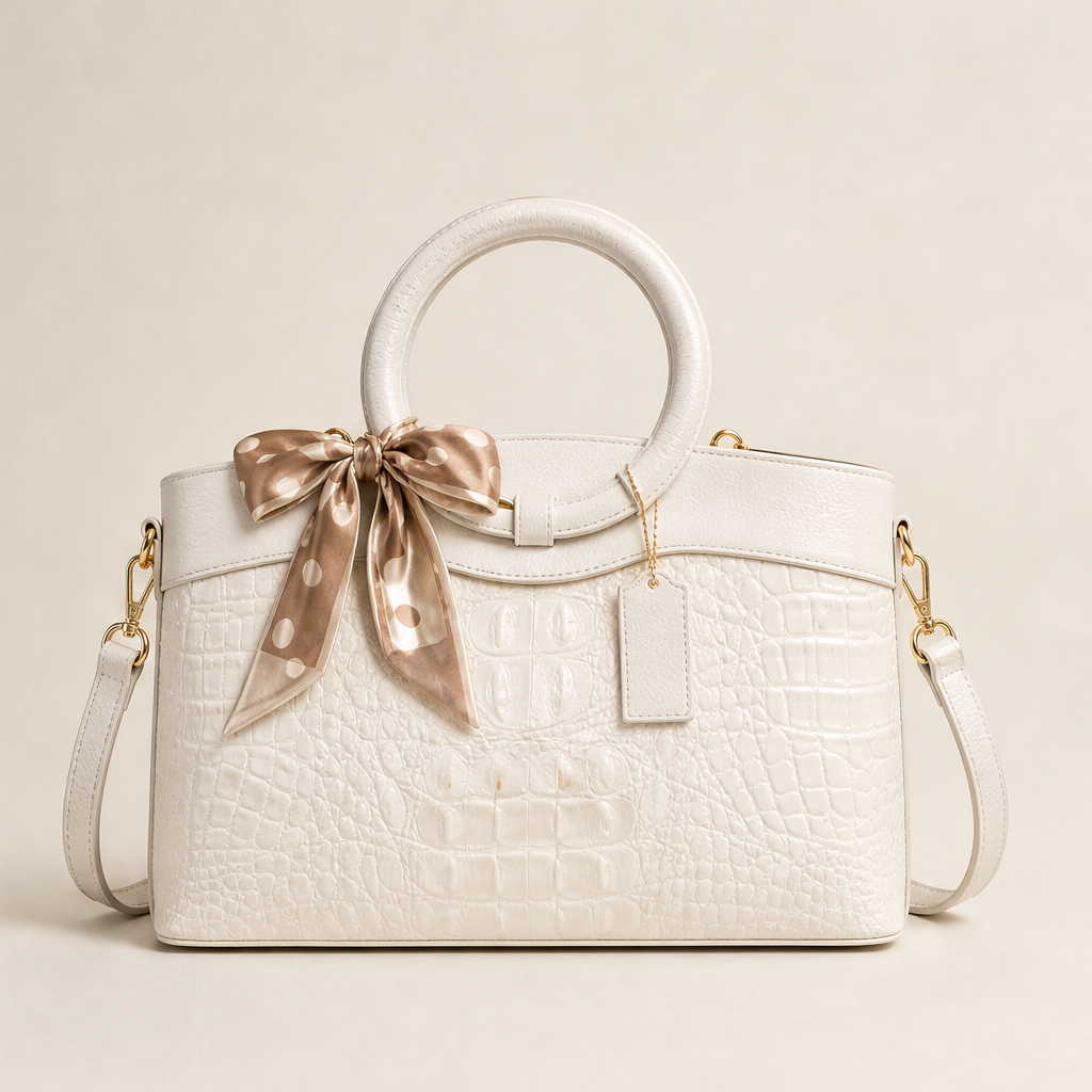 Ladrienne – Borsa in Pelle Effetto Coccodrillo con Manico ad Anello White