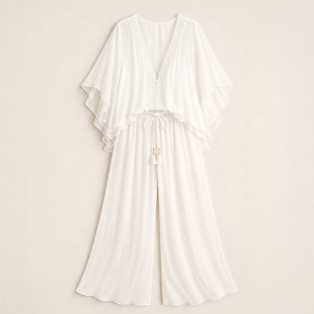 Velorenza – Completo Top Scollo a V e Pantaloni Palazzo White