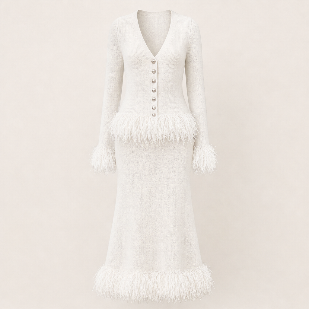 Piumetta – Completo Gonna in Maglia con Frange di Piume White