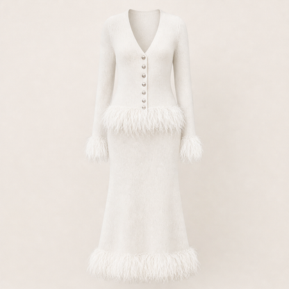 Piumetta – Completo Gonna in Maglia con Frange di Piume White