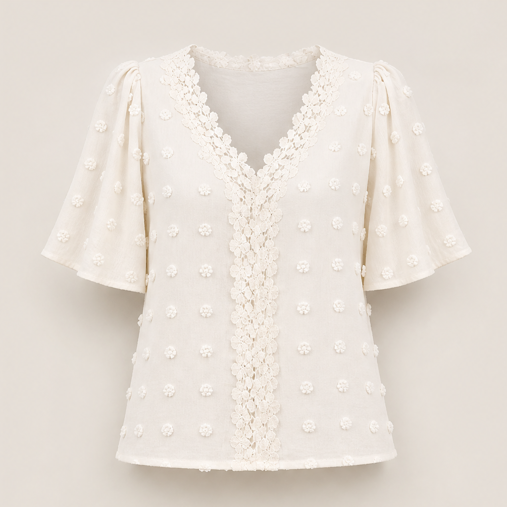 Farolina – Blusa Plumetis con Maniche a Farfalla in Pizzo Beige
