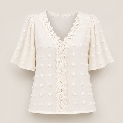 Farolina – Blusa Plumetis con Maniche a Farfalla in Pizzo Beige