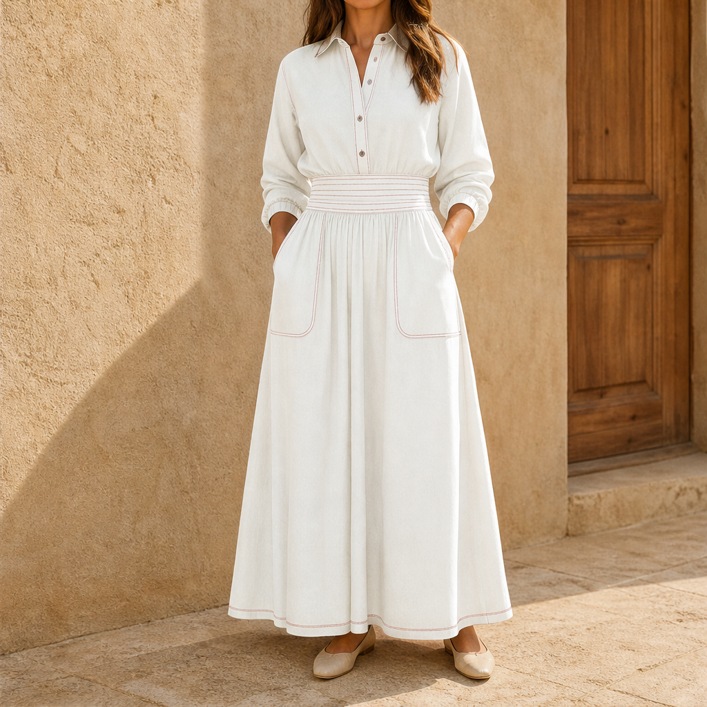 Velmara – Abito Lungo in Similpelle Scamosciata con Tasche White