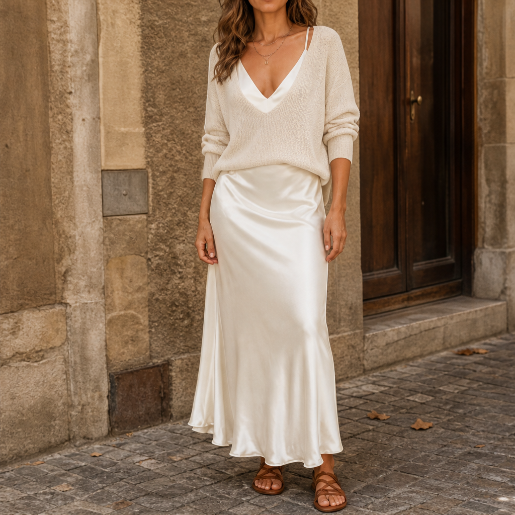Marlivo – Maglione e Abito Lungo in Raso, Set Due Pezzi Beige
