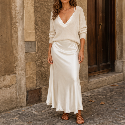 Marlivo – Maglione e Abito Lungo in Raso, Set Due Pezzi Beige