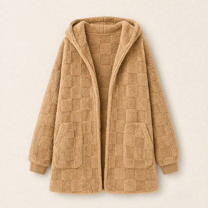 Morvenza – Cardigan Peloso a Quadri con Cappuccio Beige