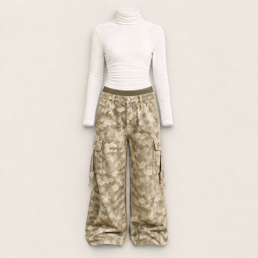 Velmara – Top Vellutato e Pantaloni Cargo Camouflage White