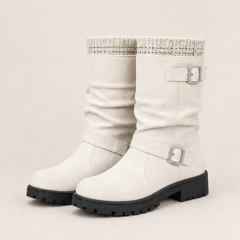 Varonne – Stivali Slouchy in Scamosciato con Fibbie Beige