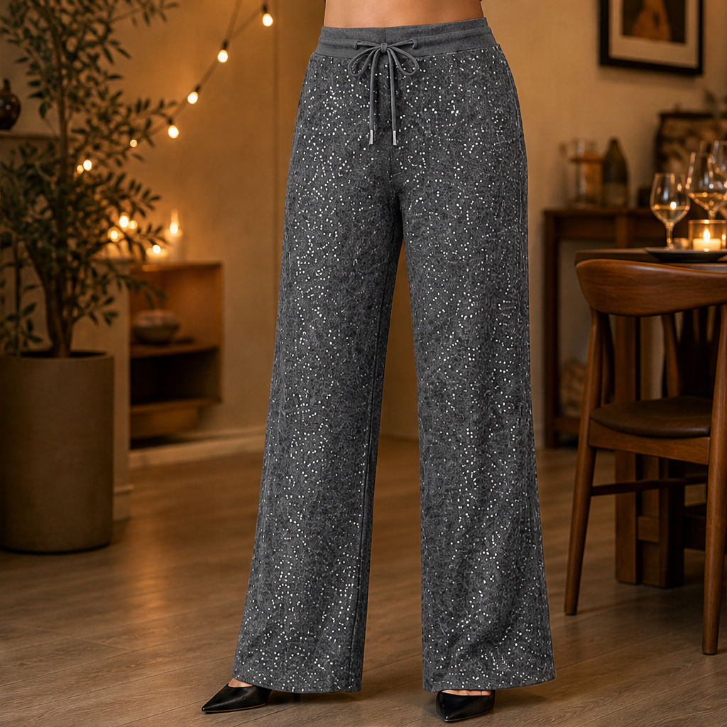 Luciarra – Pantaloni Larghi Paillettes Vita Alta Grey