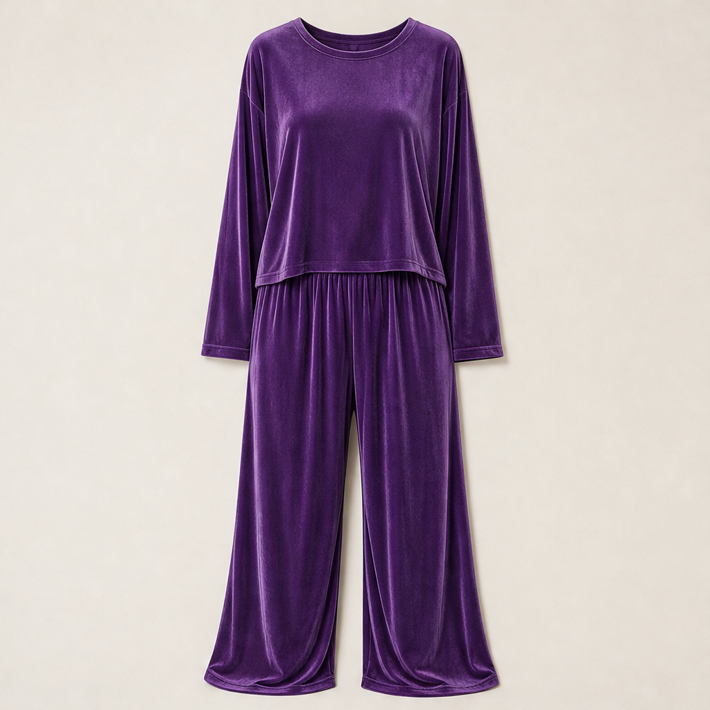 Velmora – Completo Top in Velluto e Pantaloni Palazzo Purple
