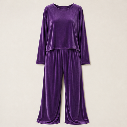 Velmora – Completo Top in Velluto e Pantaloni Palazzo Purple