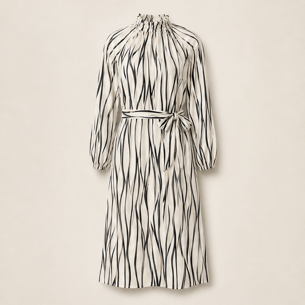 Velrosa – Abito Midi con Stampa Foglie Astratta Beige