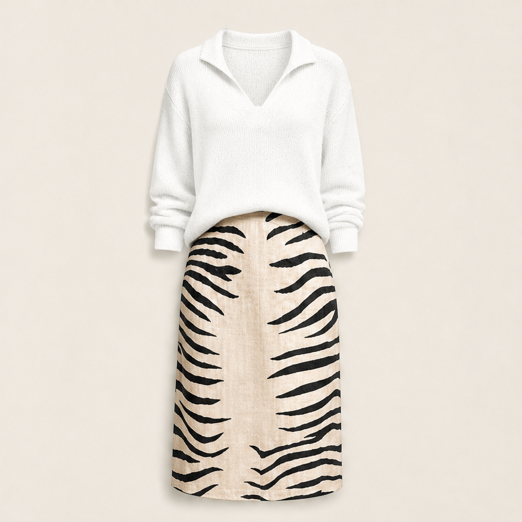 Zebrina – Maglia a Collo e Gonna Midi Zebrata White