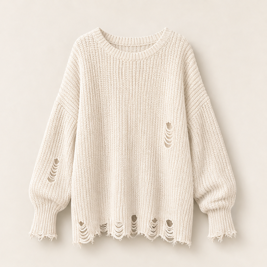 Vellara – Maglione Oversize Traforato Effetto Strappato Beige