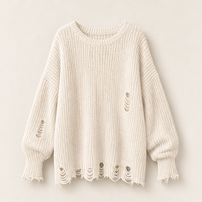 Vellara – Maglione Oversize Traforato Effetto Strappato Beige