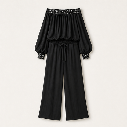 Marisol Women's Off-The-Shoulder Sequined Two-Piece Set - Wide Leg Drawstring Trousers Co-ord Black