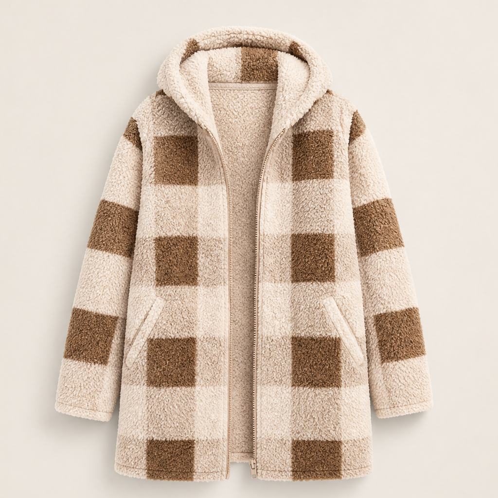 Vellora – Giacca Lunga con Cappuccio Motivo Buffalo Beige