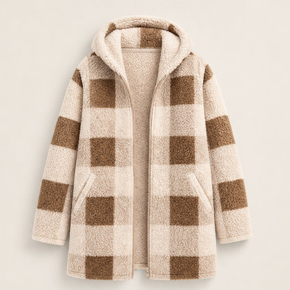 Vellora – Giacca Lunga con Cappuccio Motivo Buffalo Beige