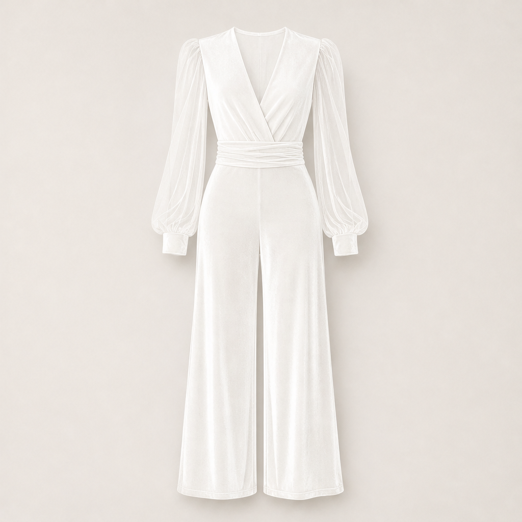 Velmira – Tuta in Velluto con Scollo a V e Maniche in Mesh White